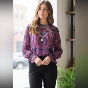 LOFT Sheer Paisley Blouse Purple & Pink Long Sleeve NWT Large